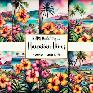 Aquarell Hawaiianische Ansichten, Digitales Papier, Hawaiianische Kunst, Hawaiianische Strandszenen, druckbare hawaiianische Hintergründe Bundle, tropischer Sonnenuntergang Kunst