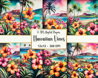 Watercolor Hawaiian Views Digital Paper, Hawaiian Art, Hawaiian Beach Scenes, Printable Hawaiian Backgrounds Bundle, Tropical Sunset Art