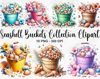 Watercolor Seashell Buckets Collection Clipart, 10 PNG Beach Clipart, Seashell Clipart, Sea Shells Clipart, Ocean Clipart, Commercial Use