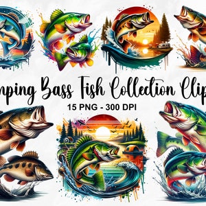 Imágenes prediseñadas de la colección de peces bajos saltarines de acuarela, 15 imágenes prediseñadas de peces PNG, peces bajos divertidos, peces de pesca PNG, paquete de imágenes prediseñadas de peces, uso comercial