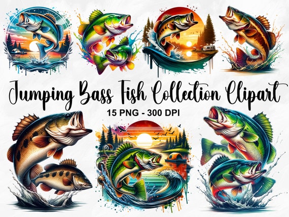 Watercolor Jumping Bass Fish Collection Clipart, 15 PNG Fish Clipart, Funny Bass Fish, Fishing Fish PNG, Fish Clipart Bundle, Commercial Use