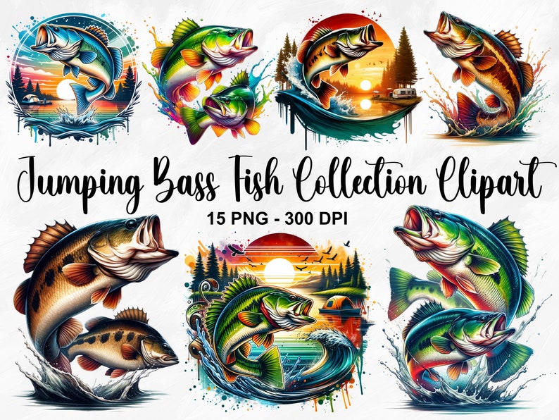 May include: A collection of 15 digital clipart images featuring jumping bass fish in various colorful watercolor styles. The fish are depicted in different poses and settings, including a sunset scene and a lake with trees. The images are 300 DPI and are perfect for use in digital projects.