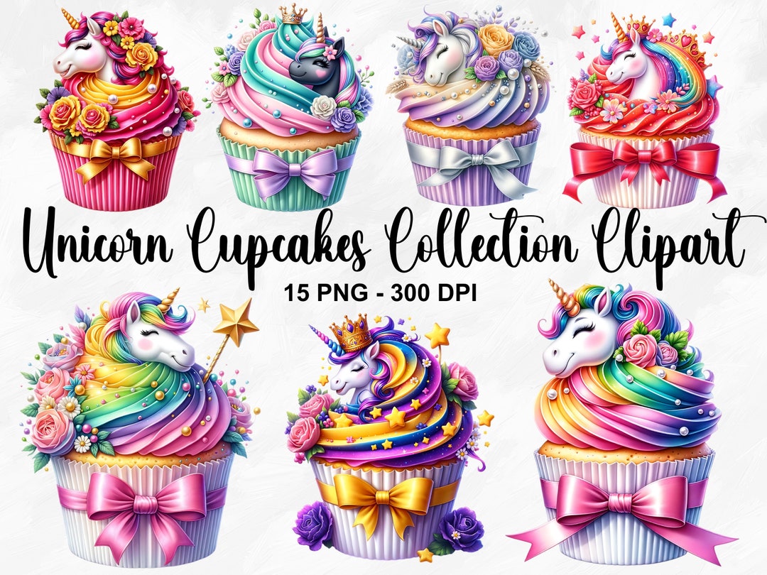 Watercolor Unicorn Cupcakes Collection Clipart, 15 PNG Unicorn Clipart ...