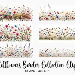 Watercolor Wildflowers Border Clipart, 18 JPG Flower Border Clipart, Floral Border, High Quality JPG, Digital Paper Craft, Commercial Use