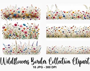 Watercolor Wildflowers Border Clipart, 18 JPG Flower Border Clipart, Floral Border, High Quality JPG, Digital Paper Craft, Commercial Use