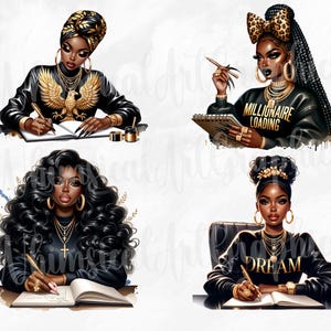May include: Four digital illustrations of Black women with different hairstyles and outfits. Each woman is writing in a notebook. The text in the notebooks reads "Dream", "Millionaire Loading", and "Goals".