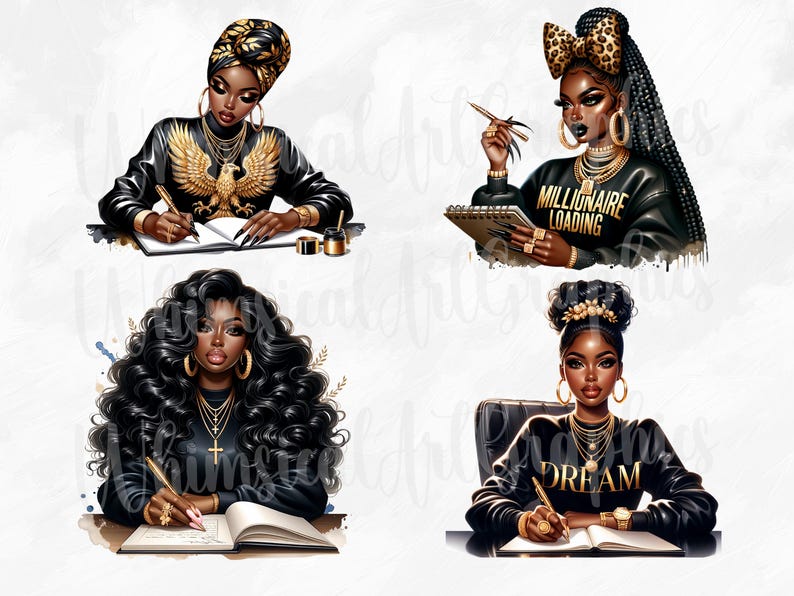 May include: Four digital illustrations of Black women with different hairstyles and outfits. Each woman is writing in a notebook. The text in the notebooks reads "Dream", "Millionaire Loading", and "Goals".