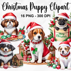Watercolor Christmas Puppy Clipart, 16 PNG Christmas Puppies Clipart, Dog With Santa Hat, Christmas Puppy Clipart, Puppy PNG, Commercial Use