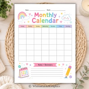 May include: A printable monthly calendar page featuring a colorful rainbow, a smiling cloud, and pastel-colored headers for the days of the week. The design includes a section for notes and reminders, decorated with a small calendar icon and a yellow pencil.