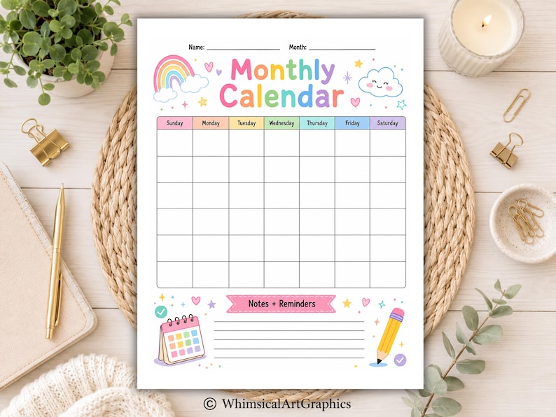 May include: A printable monthly calendar page featuring a colorful rainbow, a smiling cloud, and pastel-colored headers for the days of the week. The design includes a section for notes and reminders, decorated with a small calendar icon and a yellow pencil.