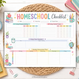 Peut inclure: Une feuille de planification de liste de contrôle pour l'école à la maison avec des sections pour les responsabilités quotidiennes, les tâches scolaires, un emploi du temps et un plan hebdomadaire, ornée d'illustrations pastel de fournitures.