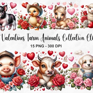 Watercolor Cute Valentines Farm Animals Clipart, 15 PNG Valentines Day Clipart, Farm Animal PNG, Baby Farm Animals Clipart, Commercial Use