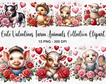 Aquarell niedliche Valentinstag Valentinstag Clipart, 15 PNG Valentinstag Clipart, Bauernhof PNG, Baby Bauernhof Tiere Clipart, kommerzielle Nutzung