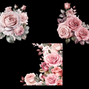 May include: A digital illustration of three arrangements of pink roses with green leaves. The roses are in various shades of pink and have a vintage, watercolor-like style.