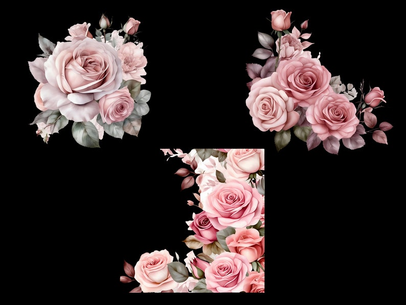 May include: A digital illustration of three arrangements of pink roses with green leaves. The roses are in various shades of pink and have a vintage, watercolor-like style.