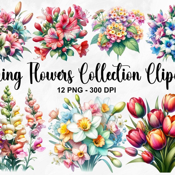 Watercolor Spring Flowers Clipart, 12 PNG Floral Clipart, Spring Floral Clipart, Spring PNG, Tulips, Garden Clipart, Commercial Use