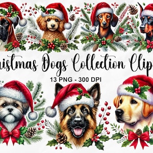 Aquarell Weihnachtshunde Sammlung Clipart, 13 PNG Weihnachtscliparts, Weihnachtshund Sublimation, festliche Hundebilder bündeln, kommerzielle Nutzung