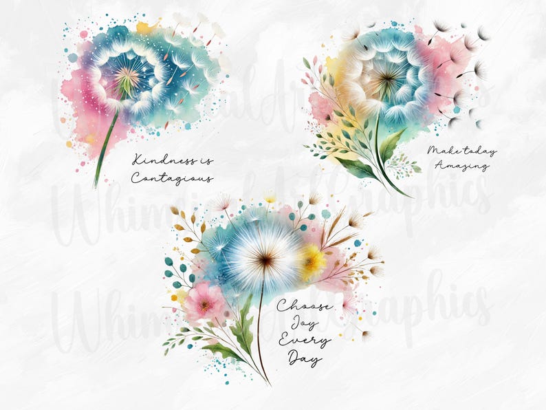 May include: Watercolour illustrations of dandelions with colourful accents. Each image features a dandelion with a fluffy seed head, surrounded by splashes of pink, blue, and yellow. Text includes "Kindness is Contagious", "Make today Amazing", and "Choose Joy Every Day".