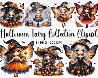 Watercolor Halloween Fairy Collection Clipart, 11 PNG Halloween Clipart, Halloween Fairy PNG, Cute Halloween Clipart Bundle, Commercial Use