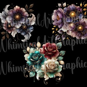 May include: Three bouquets of flowers with gold accents. The first bouquet is purple and white with gold leaves. The second bouquet is red, teal, and white with gold leaves. The third bouquet is purple and white with gold leaves.