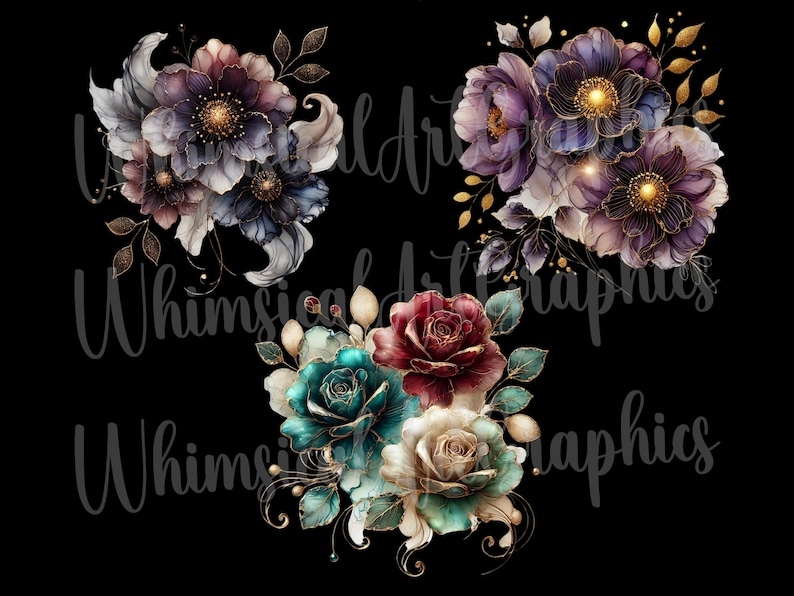 May include: Three bouquets of flowers with gold accents. The first bouquet is purple and white with gold leaves. The second bouquet is red, teal, and white with gold leaves. The third bouquet is purple and white with gold leaves.