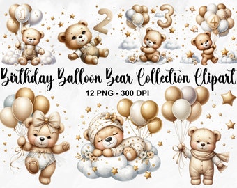 Clipart de oso globo de cumpleaños de acuarela, 12 imágenes prediseñadas de oso bebé PNG, imágenes prediseñadas de baby shower de oso de peluche, imágenes prediseñadas de oso de peluche, uso comercial