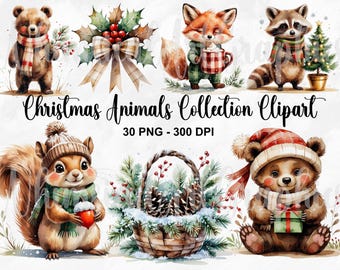 May include: Watercolor clipart collection featuring various Christmas animals, including a bear, fox, raccoon, and squirrel. Each animal is depicted with festive accessories like scarves and hats. The image also includes a basket with pinecones and the text "Christmas Animals Collection Clipart".