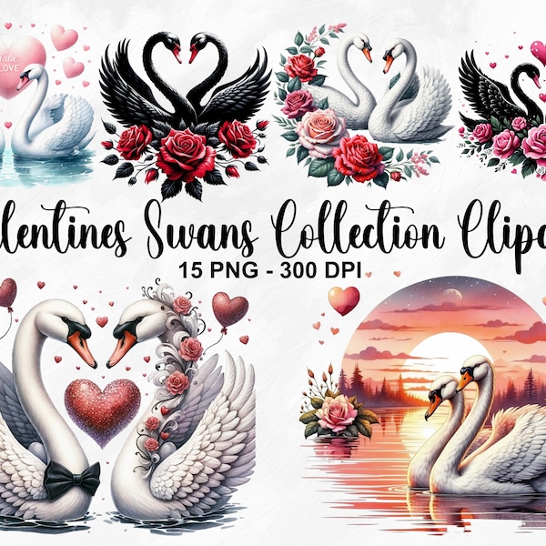 Watercolor Valentines Swans Collection Clipart, 15 PNG Valentines Day Clipart, Swan Couple PNG, Romantic Swan Clipart, Commercial Use