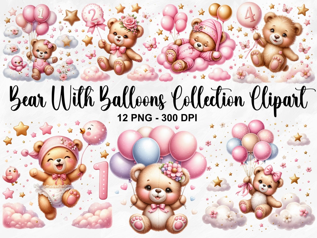 Watercolor Bear With Balloons Collection Clipart, 12 PNG Pink Teddy ...