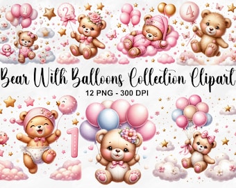 Clipart de colección de oso de acuarela con globos, 12 imágenes prediseñadas de oso de peluche rosa PNG, imágenes prediseñadas de oso de peluche bebé, PNG de baby shower, uso comercial