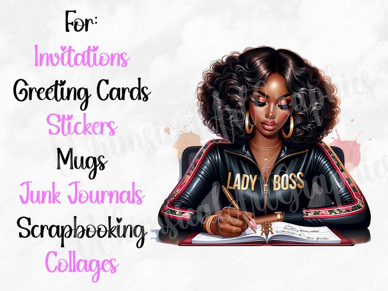 May include: Digital illustration of a Black woman with curly hair wearing a black jacket with the words "Lady Boss" in gold lettering. She is writing in a notebook. The image is for invitations, greeting cards, stickers, mugs, junk journals, scrapbooking, and collages.
