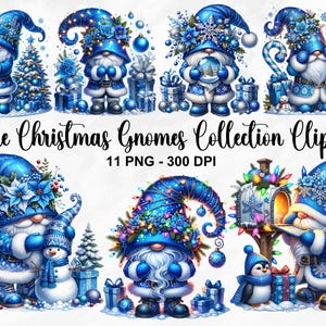 Colección de gnomos navideños azules en acuarela, 11 imágenes prediseñadas navideñas PNG, imágenes prediseñadas de gnomos navideños, gnomos de invierno PNG, uso comercial
