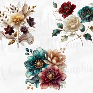 May include: Three bouquets of watercolor flowers with gold accents. The first bouquet features burgundy, white, and teal flowers. The second bouquet features red, white, and teal flowers. The third bouquet features teal, burgundy, and white flowers.