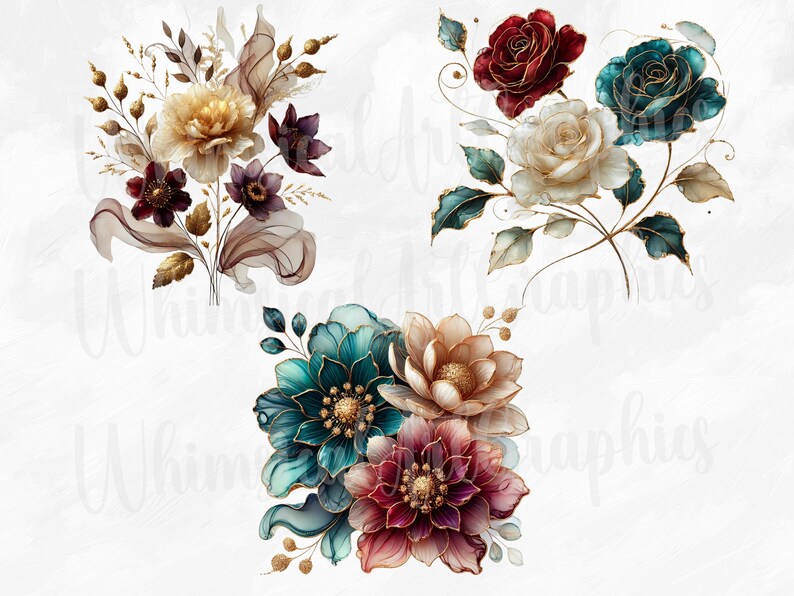 May include: Three bouquets of watercolor flowers with gold accents. The first bouquet features burgundy, white, and teal flowers. The second bouquet features red, white, and teal flowers. The third bouquet features teal, burgundy, and white flowers.