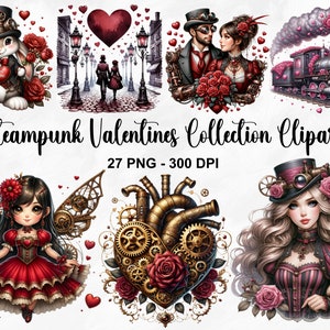 Acuarela Steampunk Valentines Collection Clipart, 27 PNG Valentines Day Clipart, Parejas románticas, Paquete del Día de San Valentín, Uso comercial