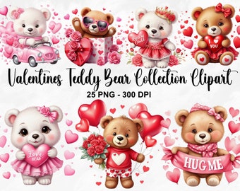 Watercolor Valentines Teddy Bear Clipart, 25 PNG Valentines Day Clipart, Valentines Teddy Bear Clipart, Love Bears PNG, Commercial Use