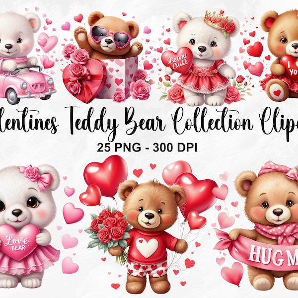 Watercolor Valentines Teddy Bear Clipart, 25 PNG Valentines Day Clipart, Valentines Teddy Bear Clipart, Love Bears PNG, Commercial Use