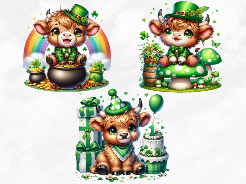 May include: Three illustrations of a brown and white Highland cow wearing a green hat and a green scarf. The first illustration shows the cow sitting on a pot of gold. The second illustration shows the cow sitting on a green mushroom. The third illustration shows the cow sitting next to a green and white birthday cake.