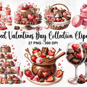 Watercolor Sweet Valentines Day Collection Clipart, 27 PNG Valentines Day Clipart, Chocolate PNG, Pink Dessert, Candy Box, Commercial Use