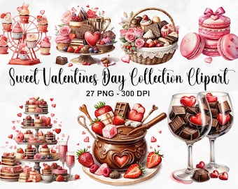 Watercolor Sweet Valentines Day Collection Clipart, 27 PNG Valentines Day Clipart, Chocolate PNG, Pink Dessert, Candy Box, Commercial Use