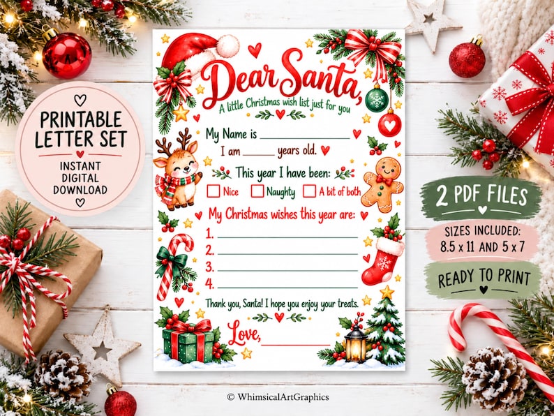 Dear Santa Letter Printable, Christmas Wish List for Kids, Holiday ...