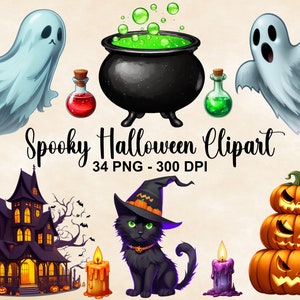 Spooktacular Halloween Clipart, Witch Clipart, Jack O Lantern Clipart PNG, Halloween Cat, Magic Clip Art, Instant Download, Commercial Use