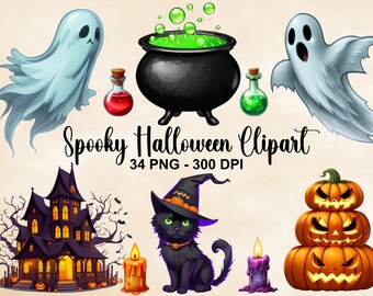 不気味なハロウィーン クリップアート、魔女クリップアート、ジャック・オー・ランタン クリップアート PNG、ハロウィーン キャット、魔法のクリップアート、即時ダウンロード、商用利用