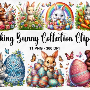 Watercolor Peeking Bunny Collection Clipart, 11 PNG Easter Clipart, Easter Bunny Clipart, Floral Bunnies Clipart, Spring PNG, Commercial Use