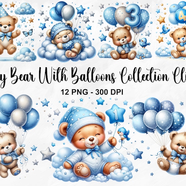 Watercolor Teddy Bear With Balloons Clipart, 12 PNG Blue Teddy Bear Clipart, Boy Baby Shower Clipart, Boy Birthday Clipart, Commercial Use