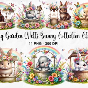 Aquarell Frühling Garten Wells Häschen Clipart, 11 PNG Kindergarten Häschen Clipart, Häschen und Blumen PNG, Frühling Clipart, Süßes Häschen, kommerzielle Nutzung