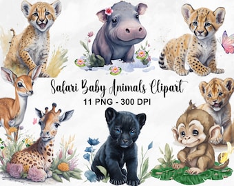 11 Watercolor Safari Baby Animals Clipart, Paper Crafts, Safari Clipart, PNG Bundle, Digital Crafting, Instant Download, Commercial Use