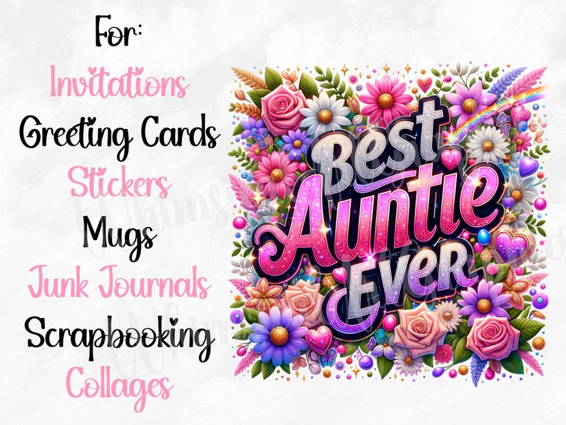 May include: A colorful floral design with the text "Best Auntie Ever" in pink, purple, and silver glitter. This design is perfect for invitations, greeting cards, stickers, mugs, junk journals, scrapbooking, and collages.