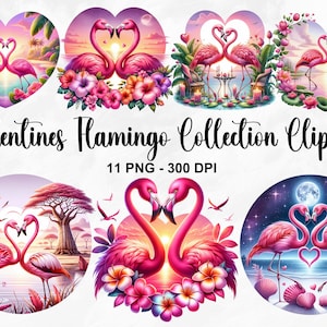 Aquarell Valentinstag Flamingo Clipart, 11 PNG Valentinstag Clipart, Flamingo Strand Sonnenuntergang Clipart, Tierpaar PNG, kommerzielle Nutzung