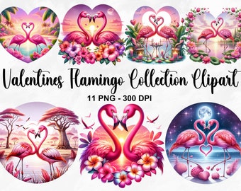 Watercolor Valentines Flamingo Clipart, 11 PNG Valentines Day Clipart, Flamingo Beach Sunset Clipart, Animal Couple PNG, Commercial Use